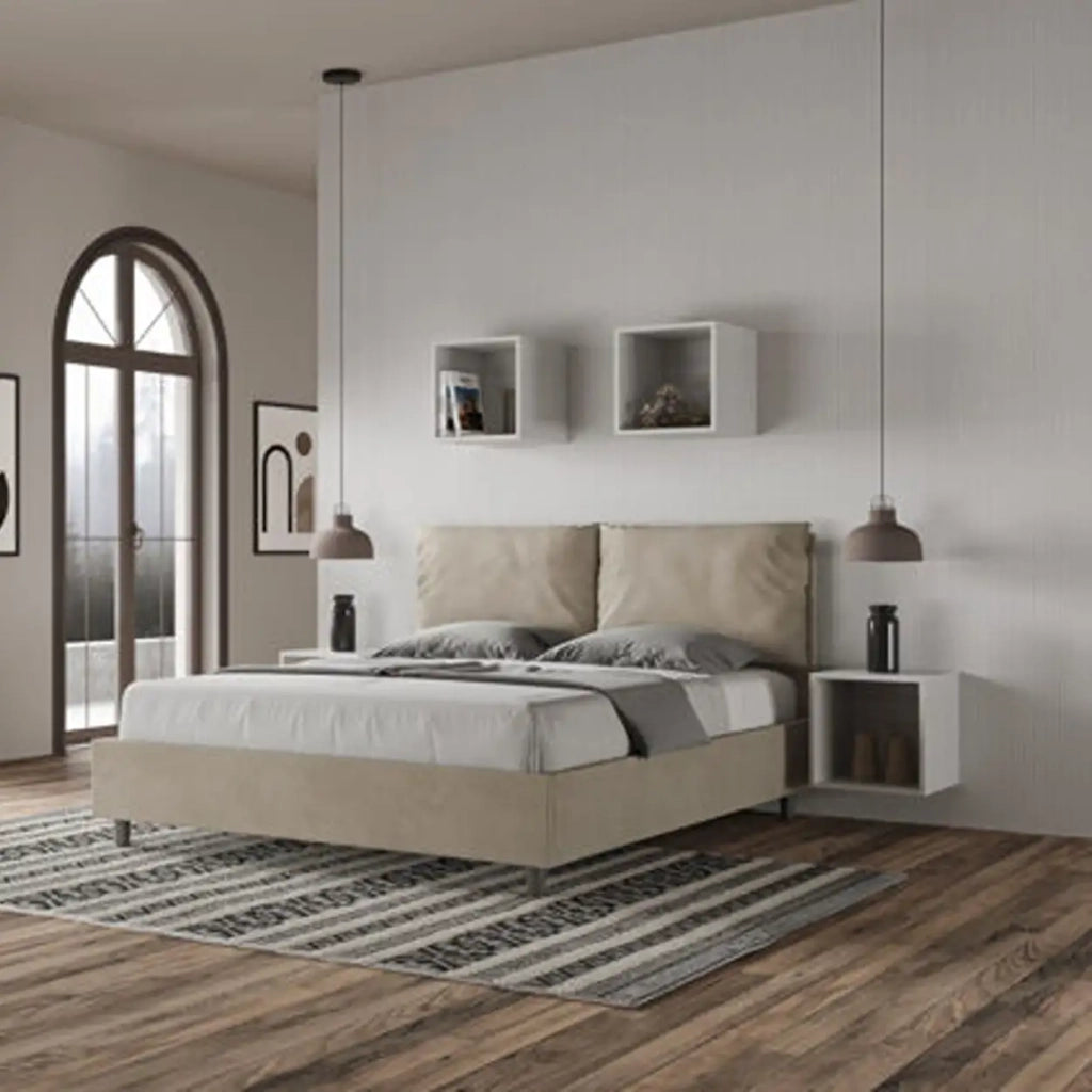 Letto matrimoniale senza rete imbottito 160x190 microfibra sabbia Antea