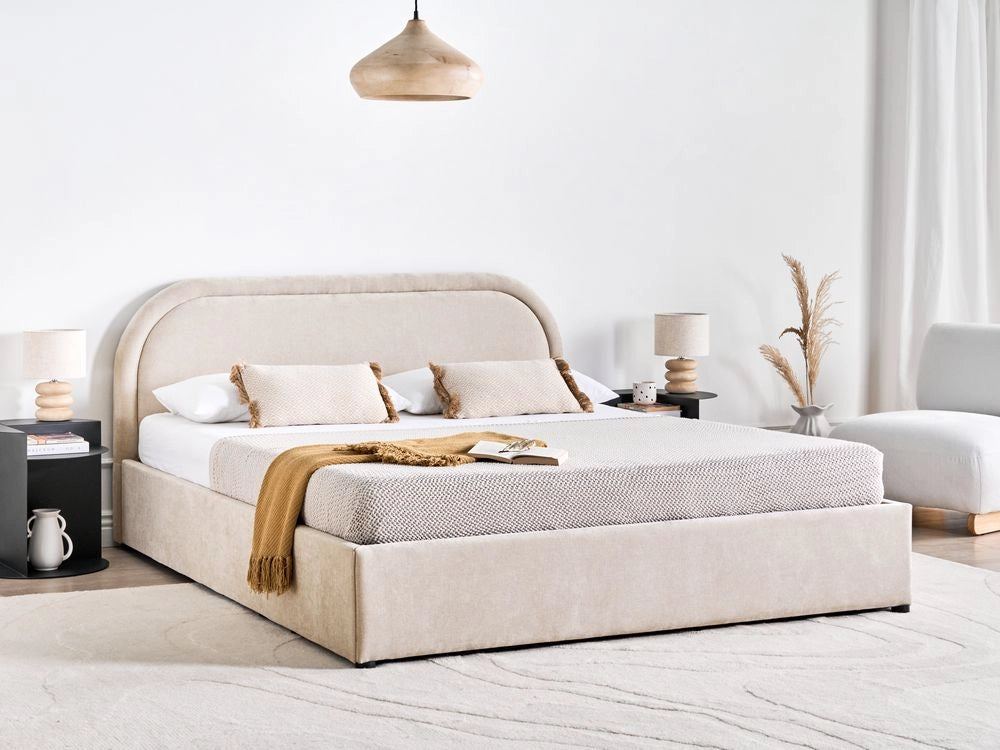 Letto matrimoniale EU Beige Chiaro Tessuto di ciniglia 160 x 200 cm Struttura imbottita con contenitore