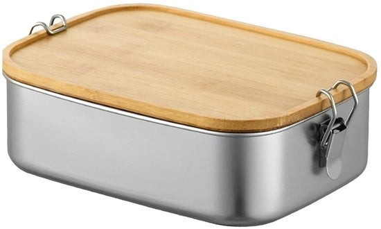 Bento Contenitore da Picnic 1500 ml - Acciaio Inossidabile - BPA Libero - Contenitore di Cibo - Impermeabile - Coperchio in Legno