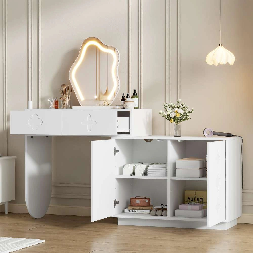 Toeletta con specchio LED a illuminazione regolabile, due cassetti, vani contenitori modulari e cassettiera bianca in stile moderno