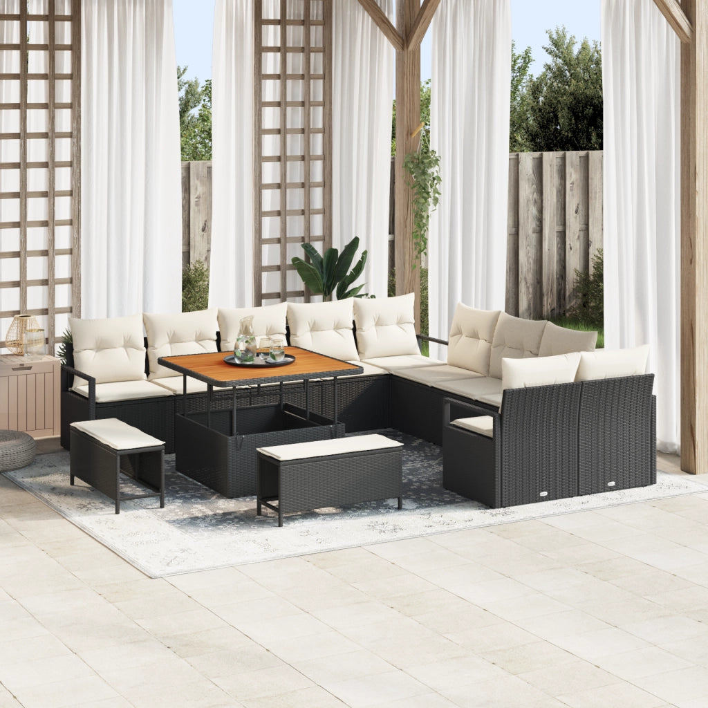 Set di divani da giardino  di 13 pezzi con cuscini in polyrattan nero e acacia