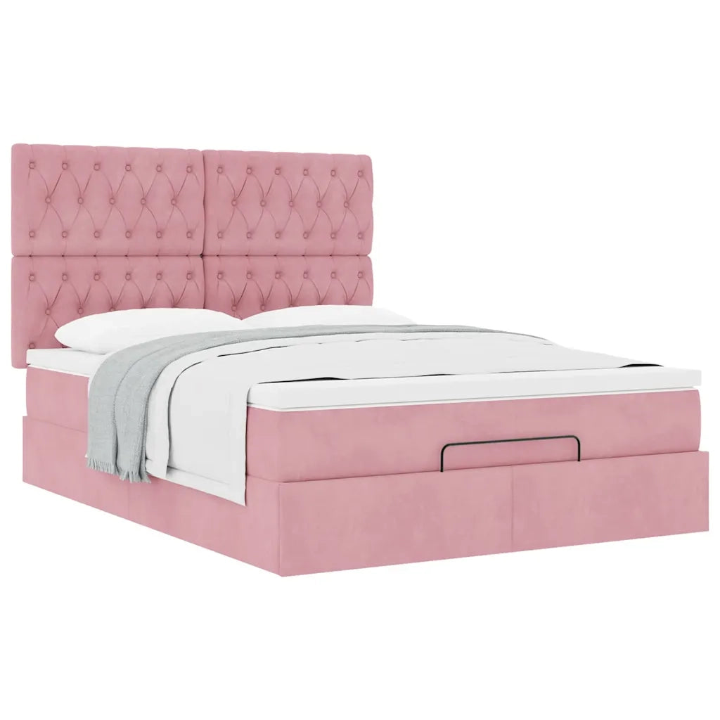 Struttura Letto Pouf con Materassi Rosa 140x200 cm in Velluto 3313552