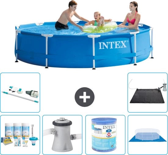 Piscina a Rondello - 305 x 76 cm - Blu - Inclusa Kit di Manutenzione - Pompafiltro per Piscina - Filtro - Teli da Piscina - Aspirapolvere da Piscina - Mat Matita Solare