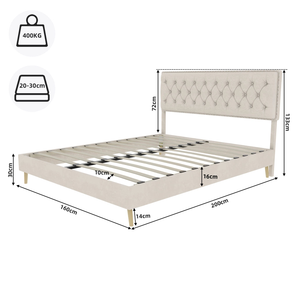 Letto Basso 160 x 200 cm - Testiera Alta Imbottita e Spazio Sottoletto - Beige