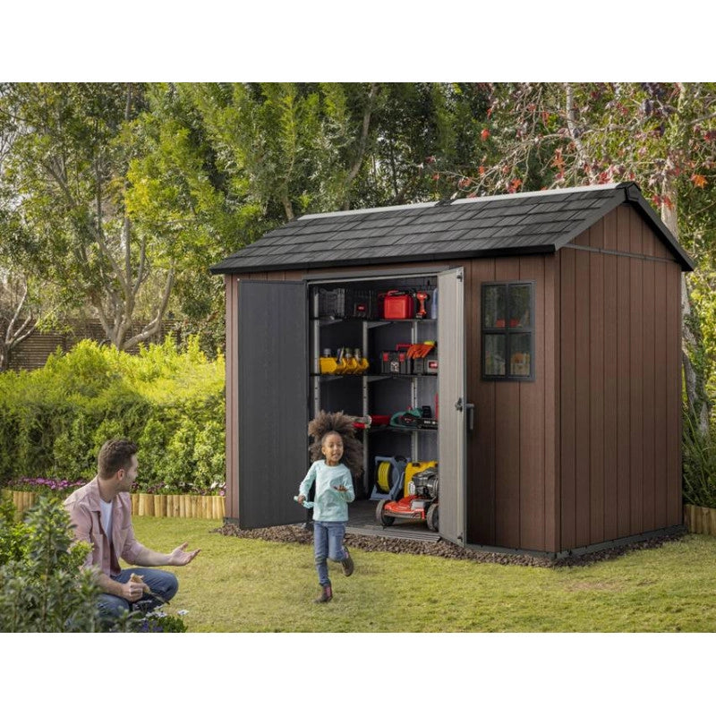 Casetta da giardino in resina EVOTECH+ 287x230 cm - con pavimento e doppia porta - carico neve 150 kg/m² – Newton Plus 759/975 - Marrone - Keter