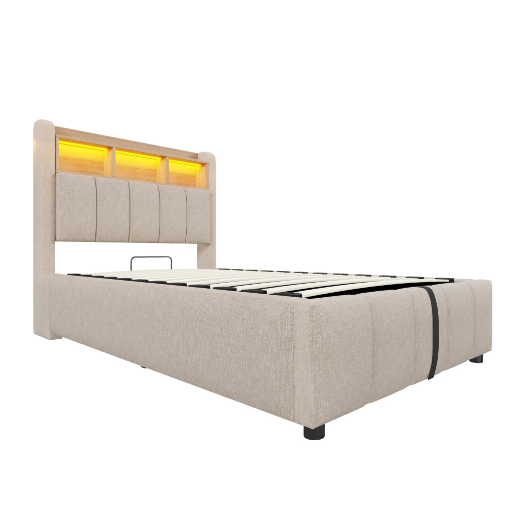 Letto imbottito singolo 90×200 cm con contenitore; LED RGB; USB e Type-C; senza materasso; beige