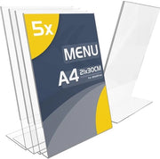 Set di supporti per piatti A4 - 5 pezzi - Supporti per piatti in acrilato trasparente a forma L - Per ufficio/ negozio/ristorante - Dimensioni 30 x 21 cm - Supporto per piatti