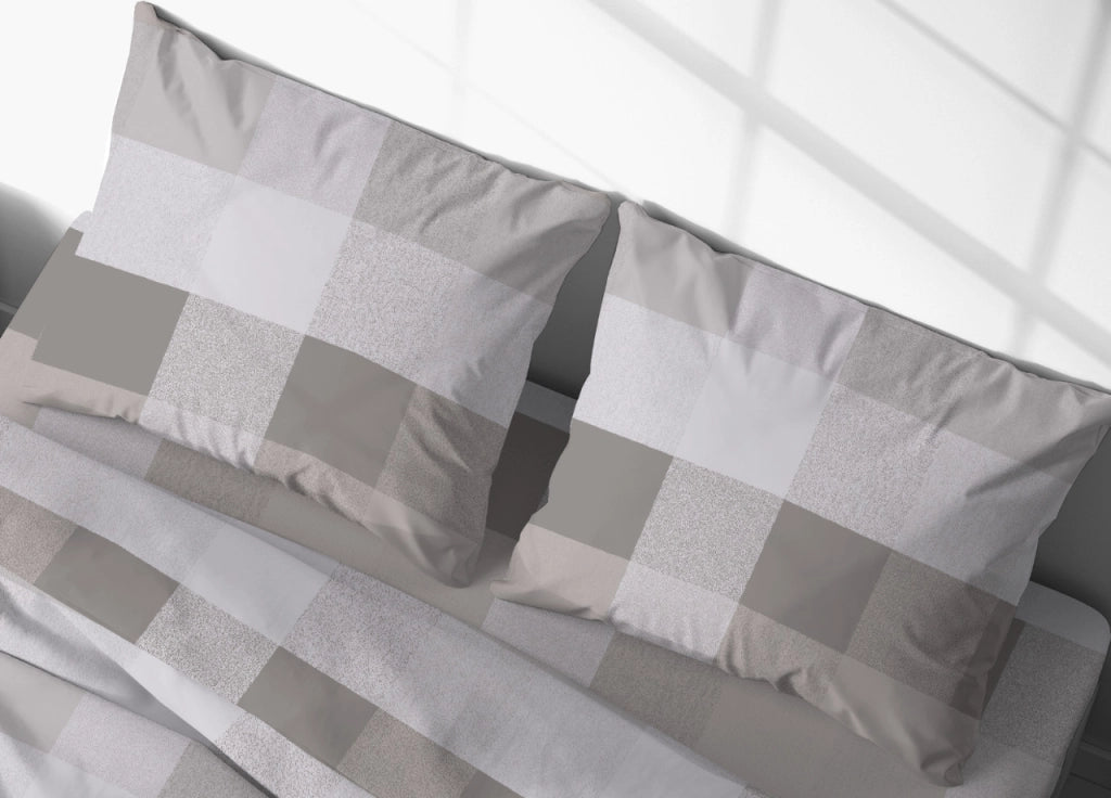 Completo Lenzuola In 100% Cotone Made Italy Disegno Scotland - Piazza E Mezza - Beige