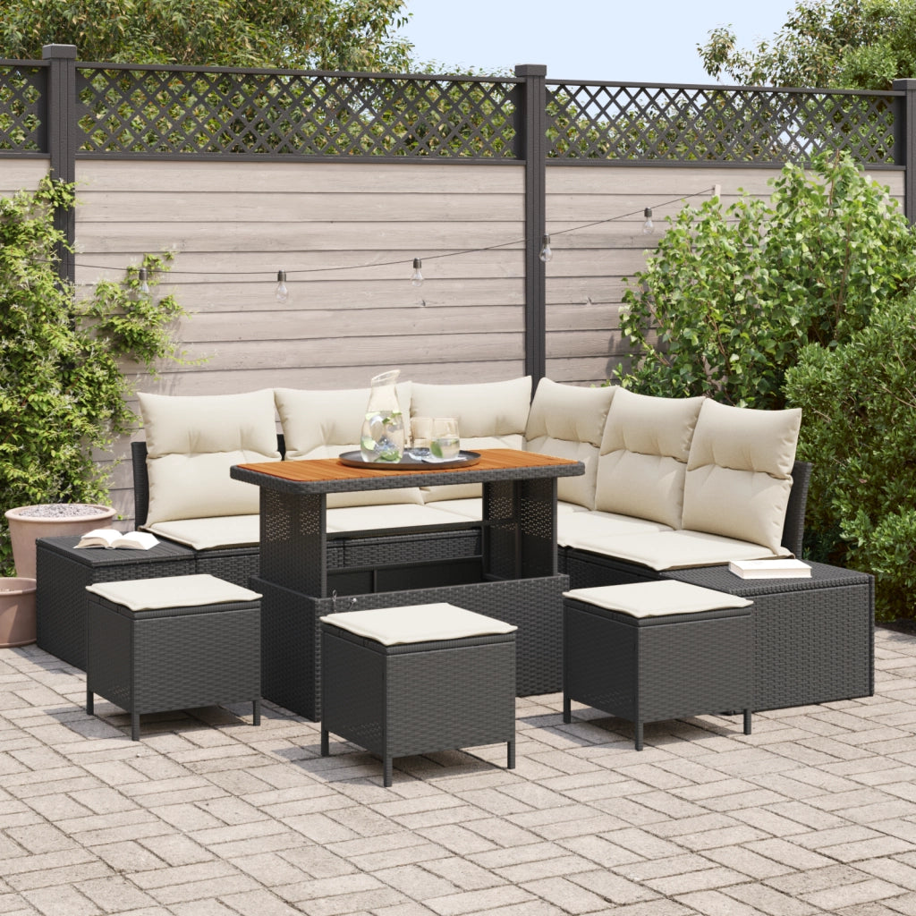 Set di Divano da Giardino  9 Pezzi con Cuscini Nero Polyrattan Acacia