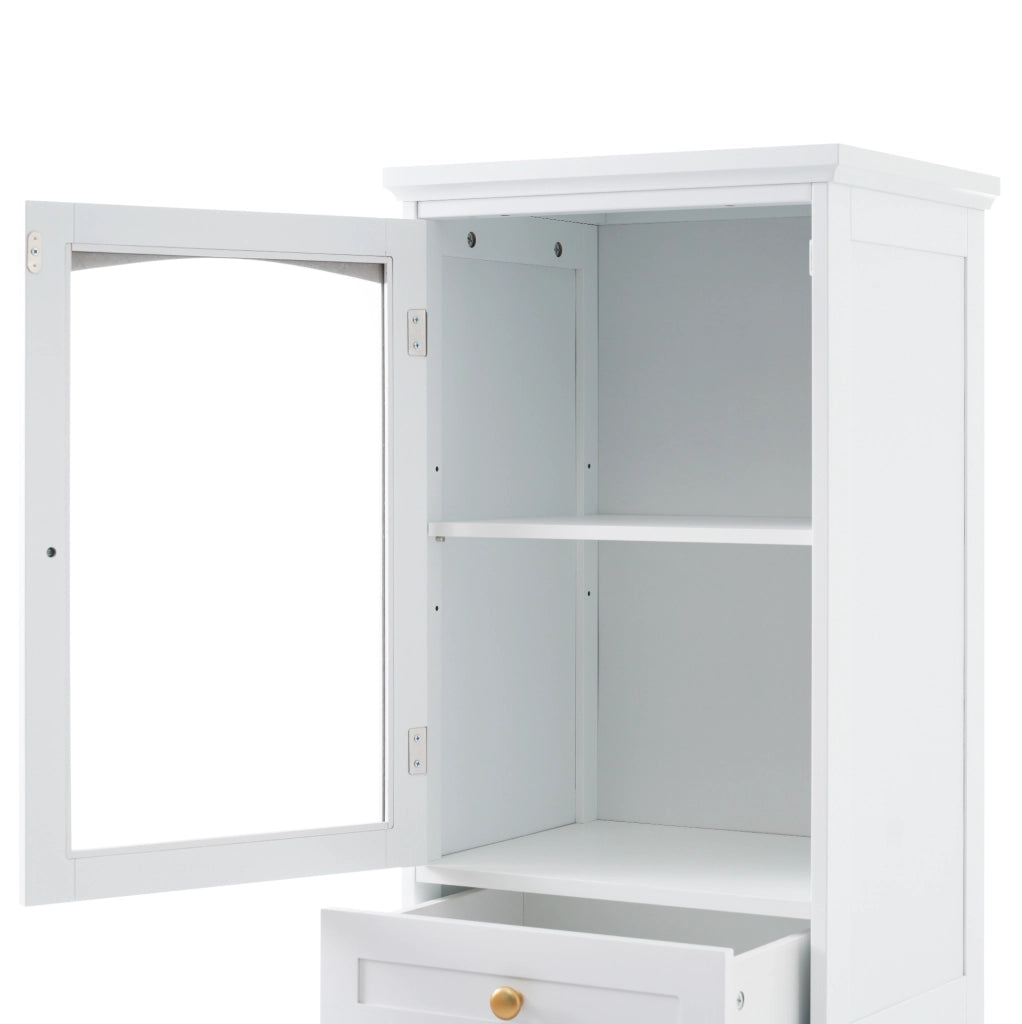 Armadio da bagno in MDF e vetro, 45 x 36 x 160 cm, bianco, con 2 cassetti e ripiani regolabili