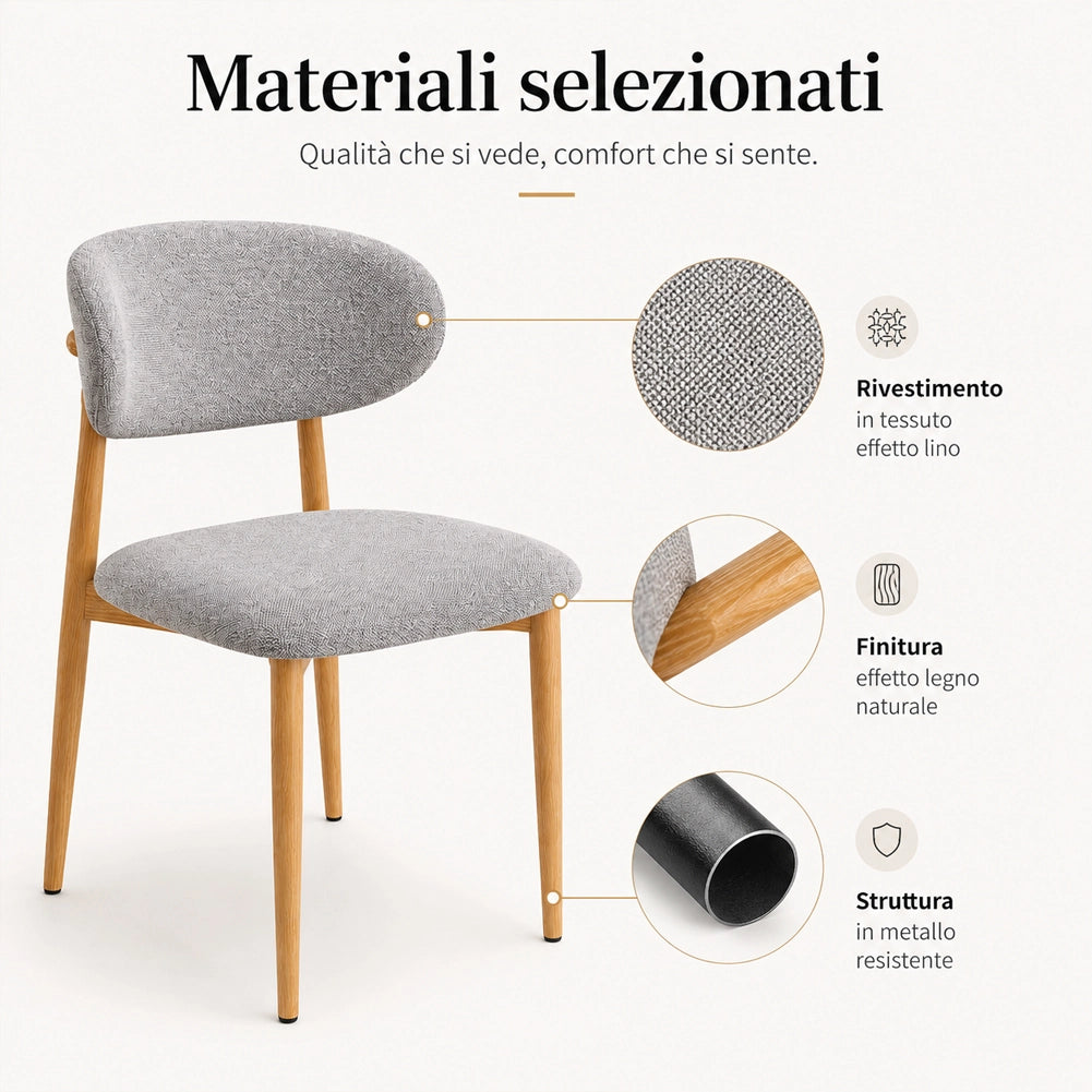 Set 4 Sedie da Pranzo con Gambe in Metallo Effetto Legno e Seduta Tessuto Grigio