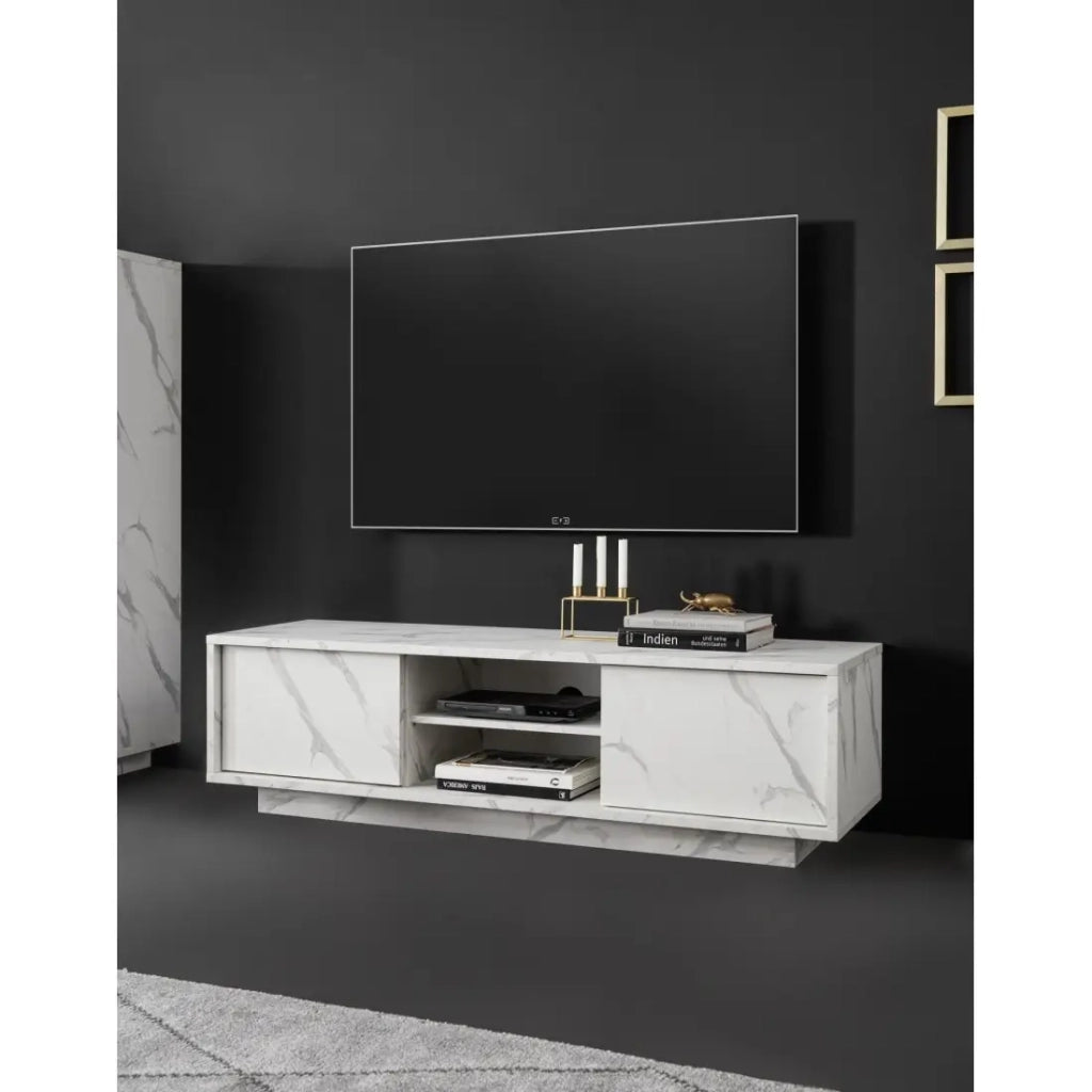 Mobile TV a 2 ante, collezione COLOMARMO, colore bianco effetto marmo, ideale per il tuo soggiorno moderno e alla moda.
