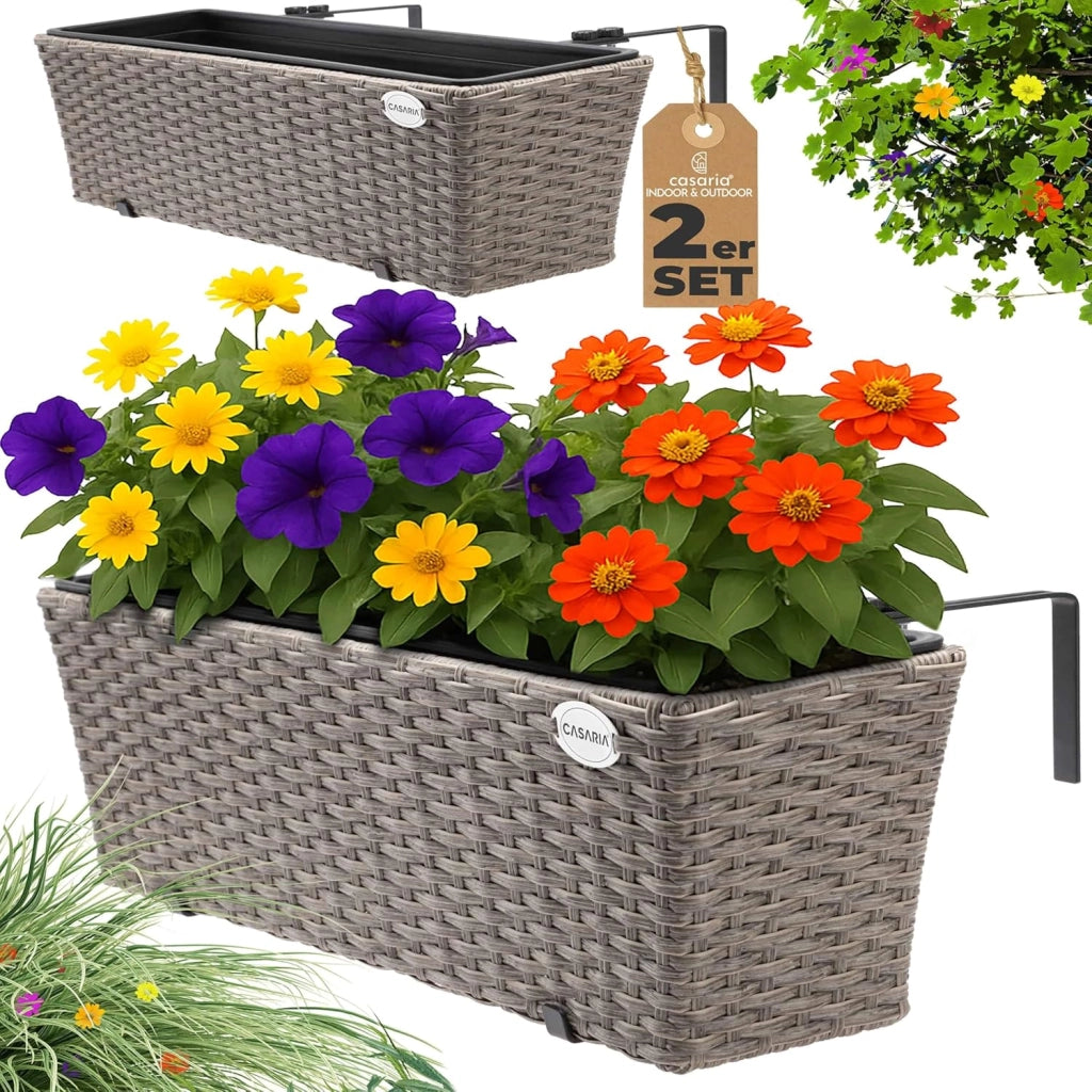® 2x Fioriera Balcone 60cm 11L Rattan Supporto Esterno Interno Resistente agli Agenti Atmosferici e ai Raggi UV Rimovibile Ringhiera Vaso Portafiori Rettangolare Fiori Piante Crema