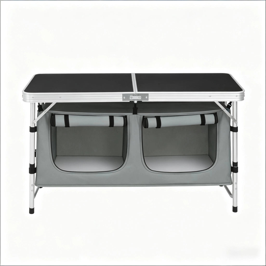 Tavolo pieghevole da campeggio con tasca portaoggetti, gambe regolabili, 120 x 47 cm