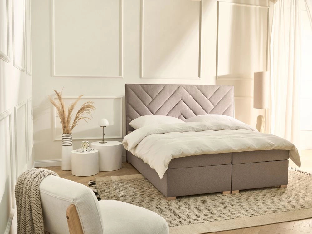 Letto contenitore in tessuto imbottito tortora 160x200 cm con apertura a sollevamento continentale
