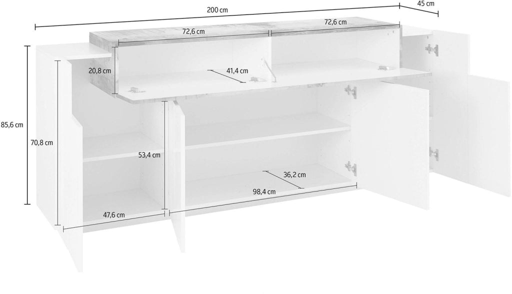 Credenza 4 Ante Battenti + 1 Anta a Ribalta 200x45x85,5 cm Coro Bianco Lucido e Ardesia