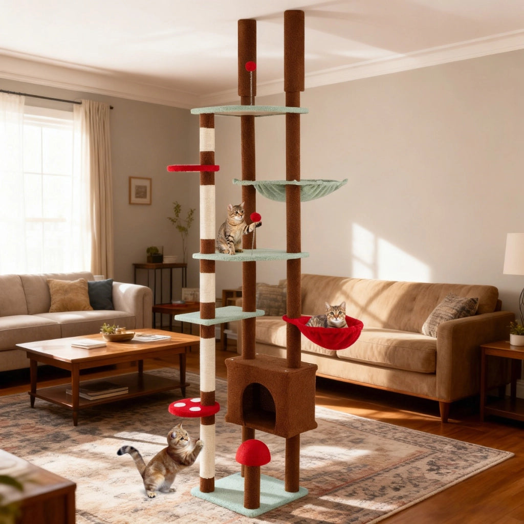 Albero per gatti da pavimento a soffitto altezza regolabile, Albero per gatti torre fungo con condo e amaca Marrone