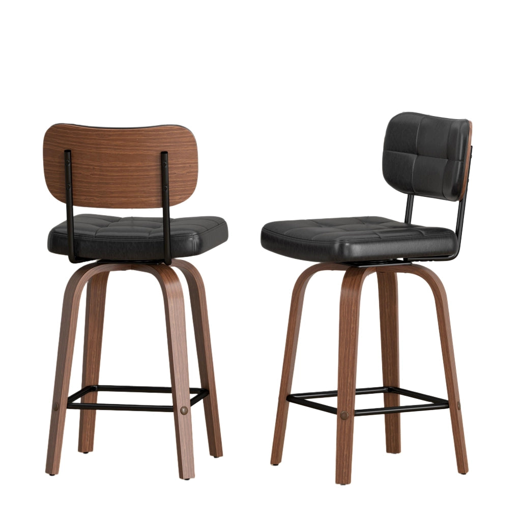 Sgabello da bar girevole con schienale ergonomico e design scandinavo, struttura stabile in pu e legno, nero e noce scuro