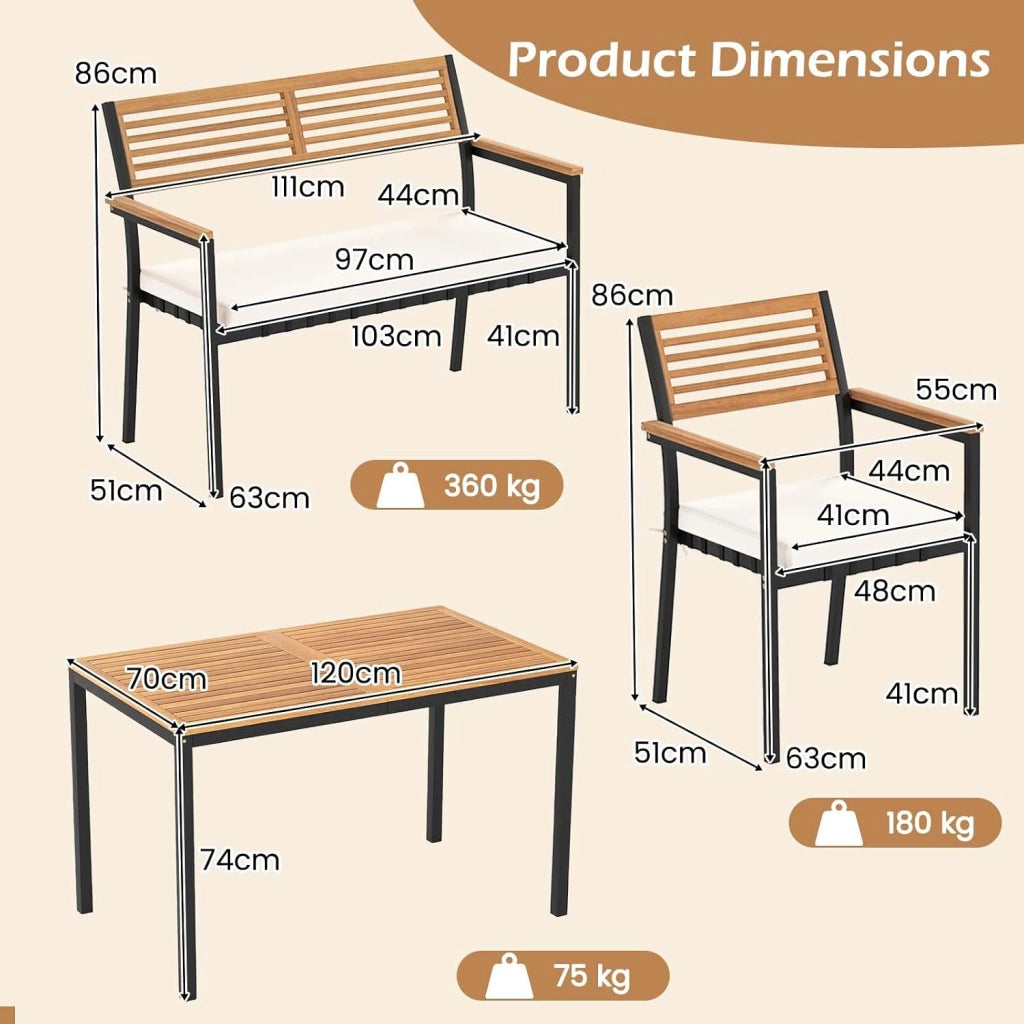 Tavolo da Giardino con 2 Sedie e Panca con Foro per Ombrellone e Cuscino Morbid, Set Pranzo da Giardino Ergonomico in Legno di Acacia, Design Impilabile, Set Salotto per Esterno da Balcone