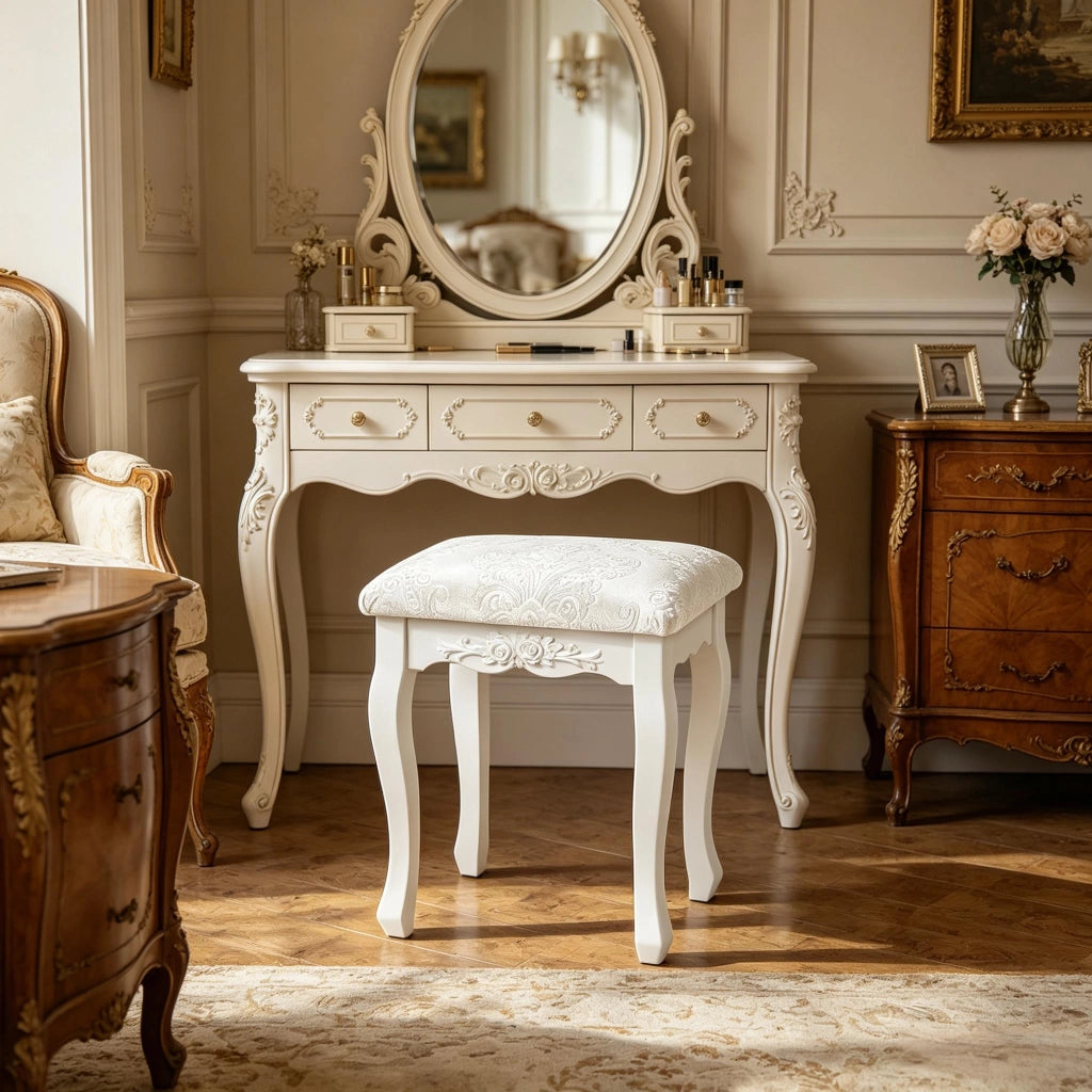 Sgabello da toeletta imbottito con schiuma e piedini antiscivolo, in MDF e plastica bianco crema