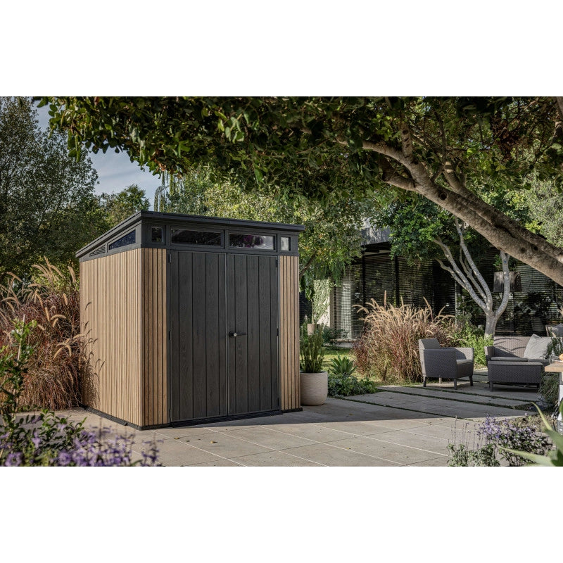Casetta da giardino in resina effetto legno EVOTECH+ 216x218 cm - pavimento e doppia porta - carico neve 150 kg/m² – Pent 7x7 Signature Venetian - Keter
