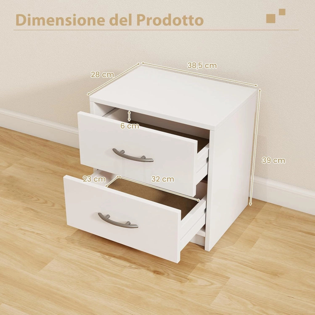 COSTWAY Comodino Camera da Letto con 2 Cassetti, Comodino Salvaspazio in Legno, Comodino Mobile da Letto con Kit Antiribaltamento, per Soggiorno e Studio, 38,5 x 28 x 39 cm (Bianco, 2 Cassetti)
