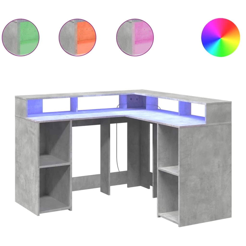 Scrivania tavolo postazione di lavoro mobile per computer mobile da studio con luci a LED 130 x 130 x 91 cm legno ingegnerizzato grigio 02_0023798