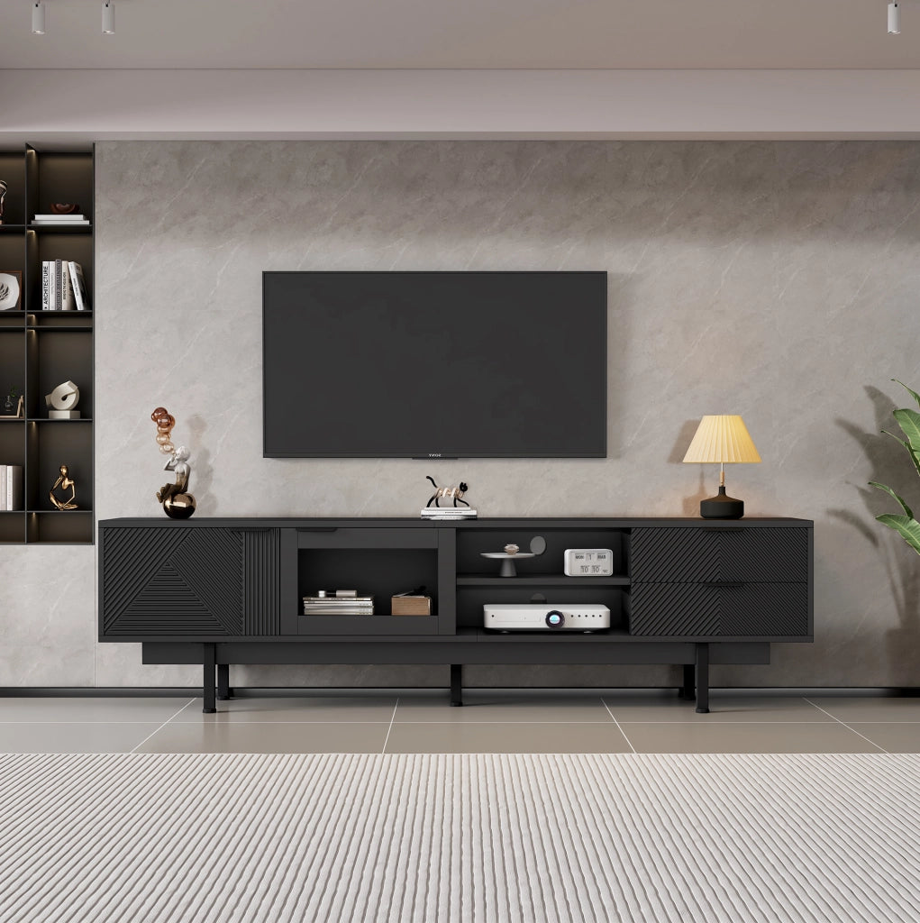 Mobile TV 200x40x50.5 cm con 2 porte e 2 cassetti; 3 livelli e 45 kg; truciolare e vetro temperato nero