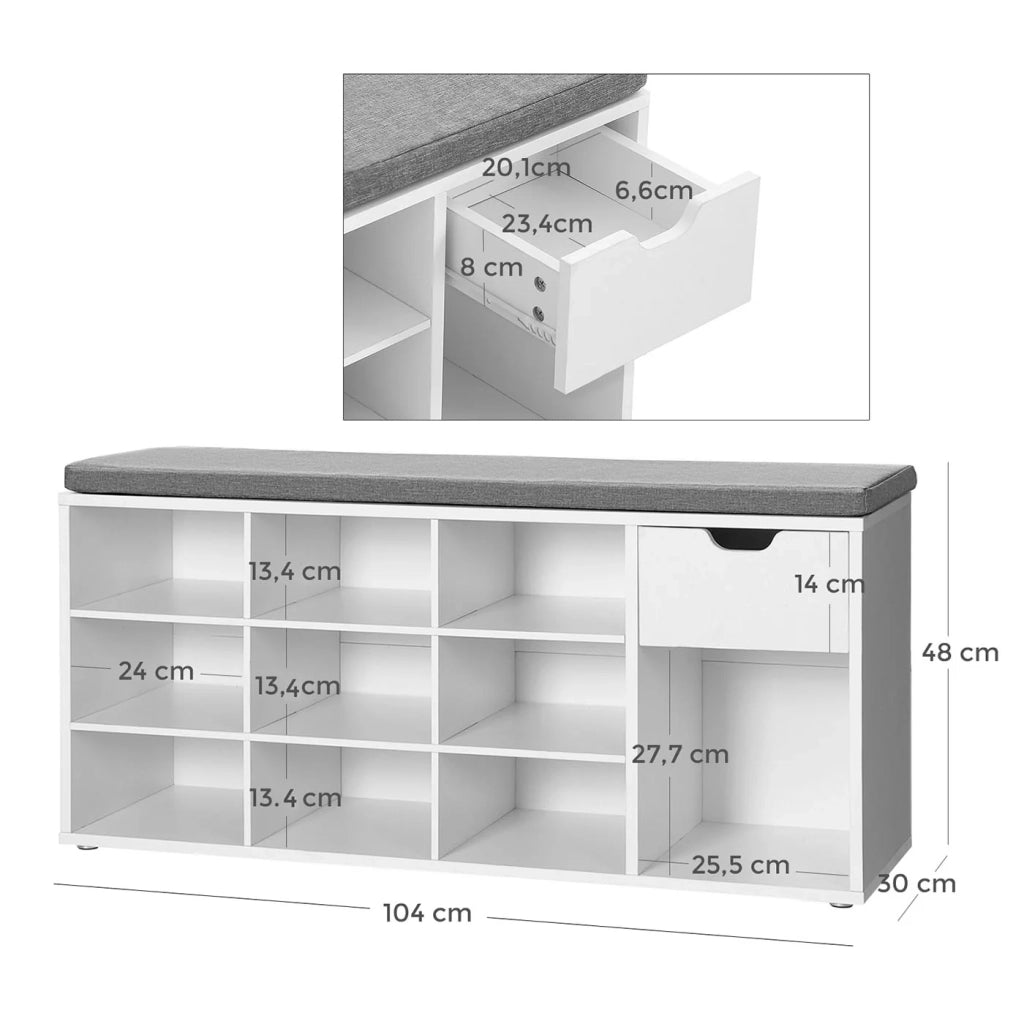 Panca portascarpe panca contenitore con cassetto e scomparti aperti scarpiera seduta imbottita per corridoio ingresso camera da letto 104 x 30 x 48 cm bianco 12_0004073
