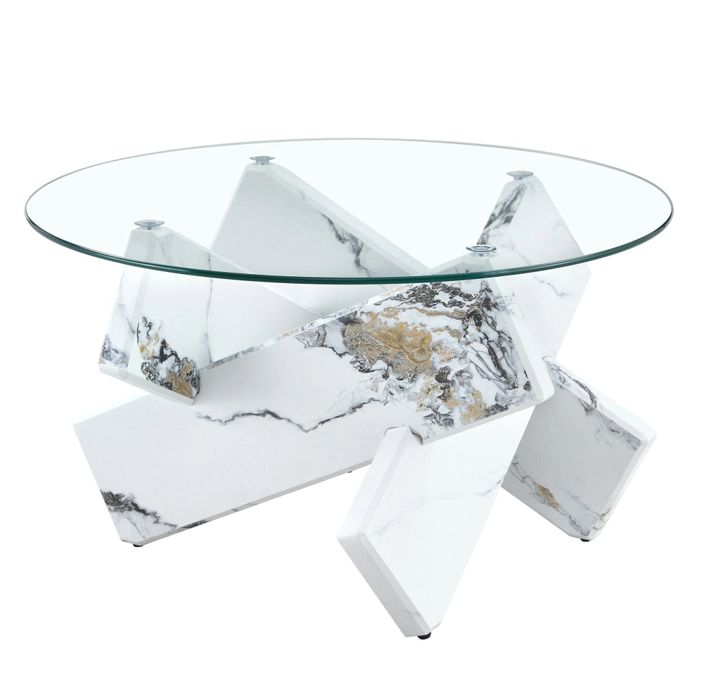 Tavolino da caffè rotondo ? 79 cm in MDF e vetro; bianco e trasparente