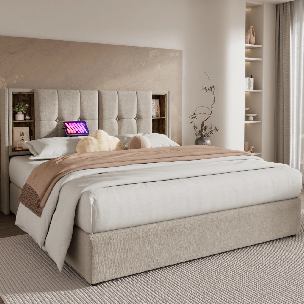 Letto matrimoniale imbottito 180x200 cm in lino naturale con ricarica wireless; USB e contenitore