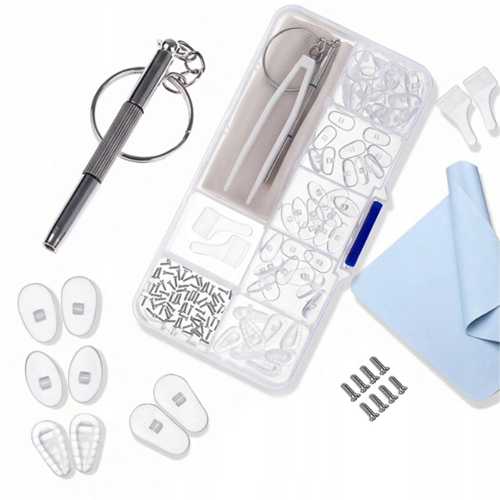 Set Riparazione Occhiali OkularFix MaxKit – 35 Paia Naselli Silicone, 60 Viti, Pinzetta, Cacciavite, Panno, Organizer