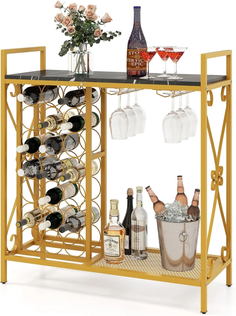 Portabottiglie da Terra per 21 Bottiglie, Portabottiglie da Vino con Supporto per Bicchieri, Piano in Legno e Mensola per Stoccaggio, Struttura Metallica，per Cucina e Bar (Marrone)