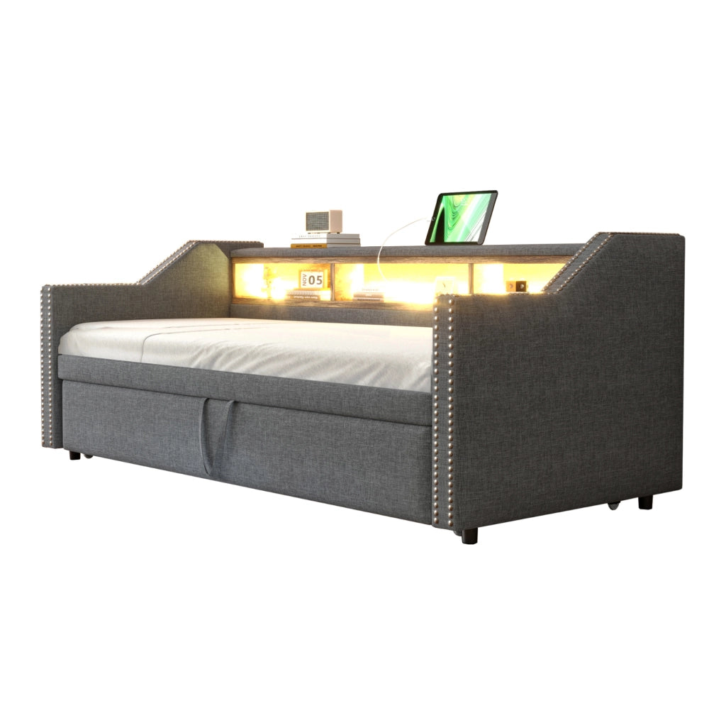 Divano letto imbottito estraibile 90/180 x 190 cm in tessuto tipo lino; grigio scuro; con LED e USB