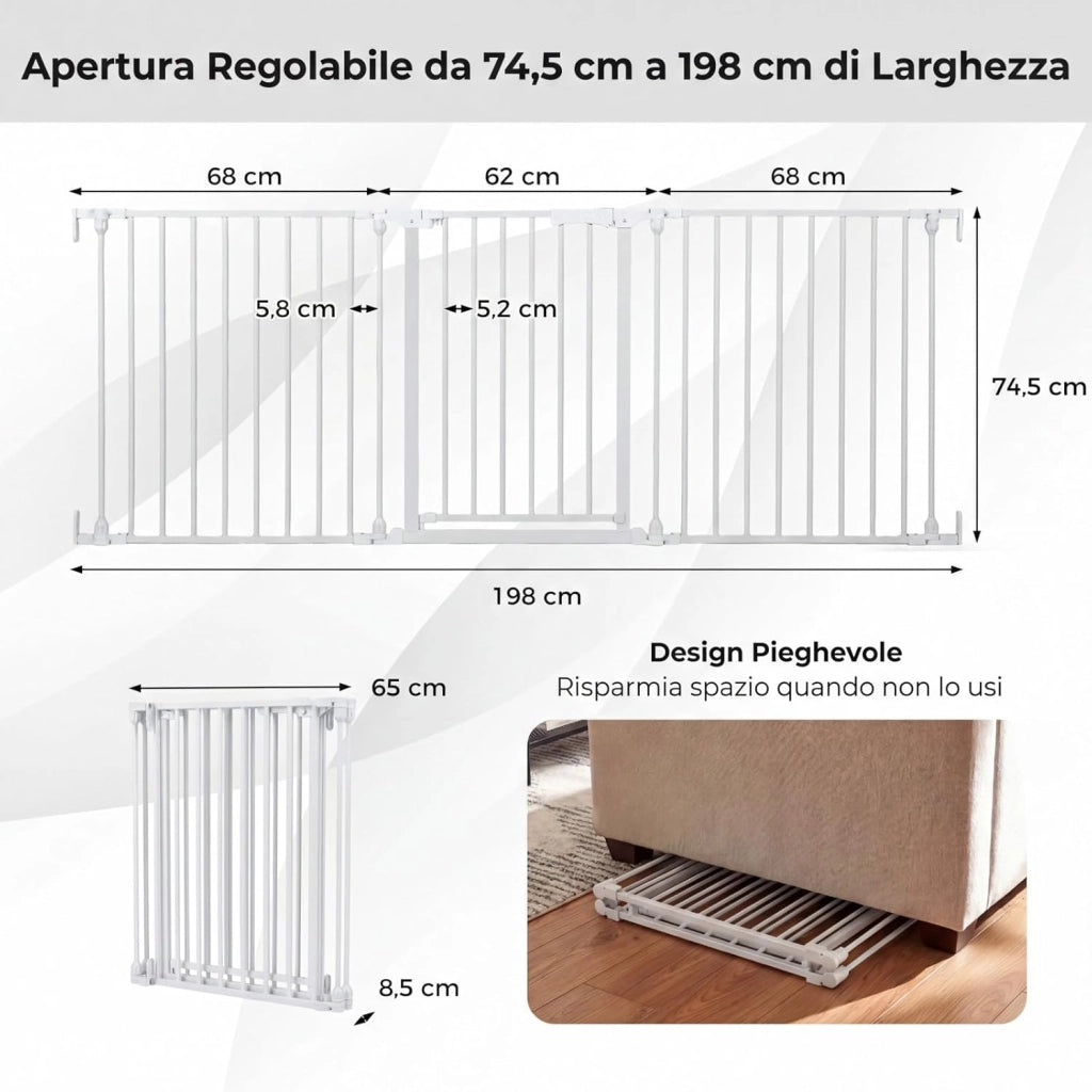 198 cm Cancelletto a 3 Pannelli per Cani, Recinzione Pieghevole in Metallo con Doppia Chiusura, Apertura Bidirezionale Cancello per Bambini e Animali, Ideale per Scala e Camino (Bianco)