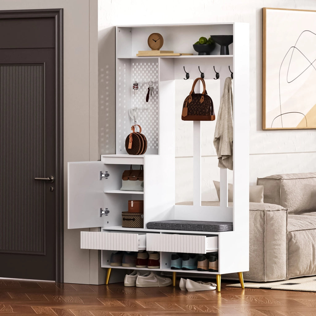 Mobile guardaroba da ingresso 6 in 1 in MDF bianco con panca e cuscino