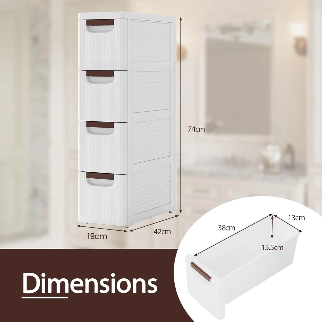 Mobiletto Stretto con Ruote, Carrello e Organizzatore Slim con 3/4/5/6 Cassetti per Spazi Piccoli, Cassettiera di Plastica per Soggiorno, Bagno, Cucina, Bianco (42 x 19 x 74 cm)