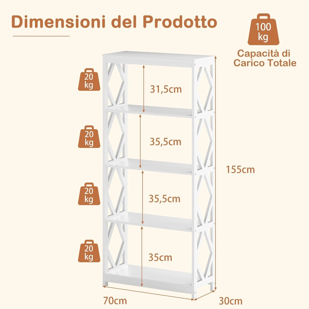 Libreria 5 Ripiani, Scaffale in Legno con Struttura Romboidale, Scaffale Espositivo Aperto Autoportante per Ufficio, Soggiorno e Camera da Letto, 70×30×155 cm