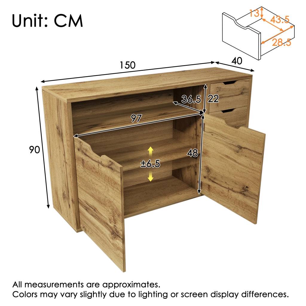 OKWISH Credenza con 2 Ante, 4 Cassetti e 1 Vano Aperto, Ripiani Regolabili, per Soggiorno 150 x 40 x 90 cm