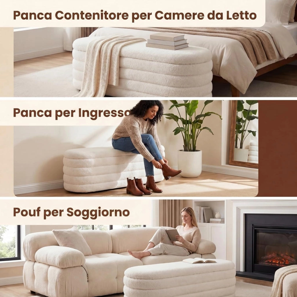 Poggiapiedi Contenitore con Ampio Interno da 108,5 L, Sedia Imbottito per Interno, Sgabello Portaoggetti per Camera da Letto, Soggiorno e Studio, 123,5 X 46 X 42,5 CM, Beige