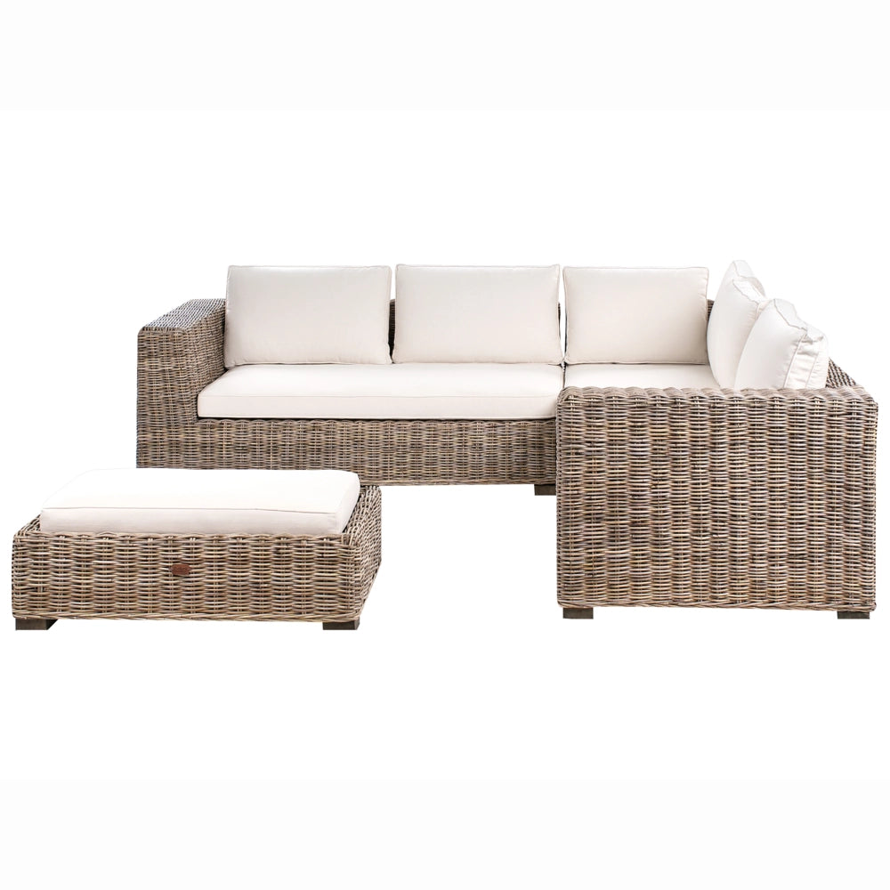 Set di divani da giardino in rattan naturale grigio a 5 posti con tavolino per ottomano e cuscini