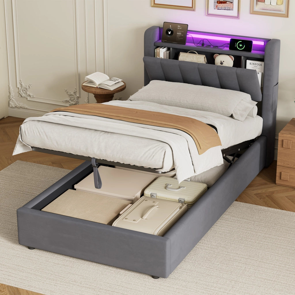 LETTO Imbottito 90 x 200 cm in Velluto con Contenitore, LED e USB",
"description