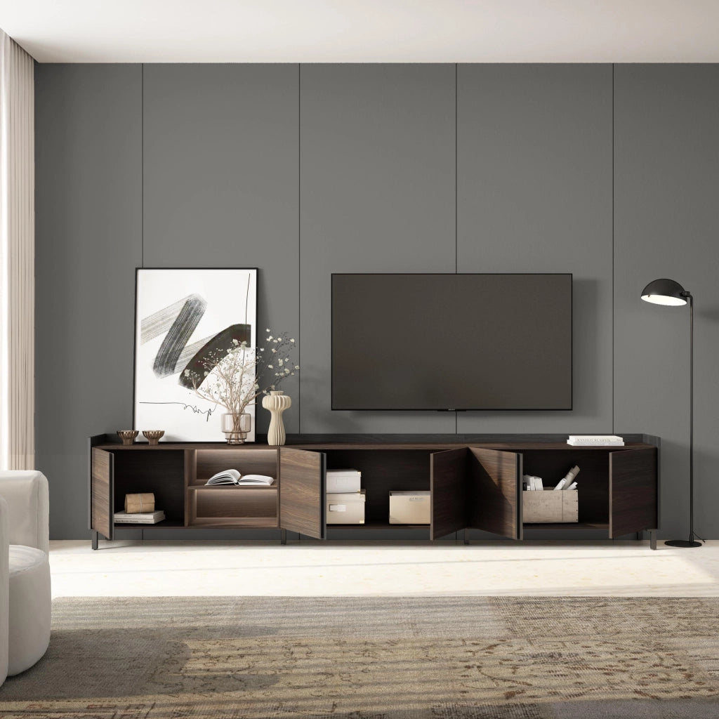 Mobile TV Soggiorno, 309x61x35 cm, Per TV fino a 80", Design industriale, LED, Rovere scuro e Nero
