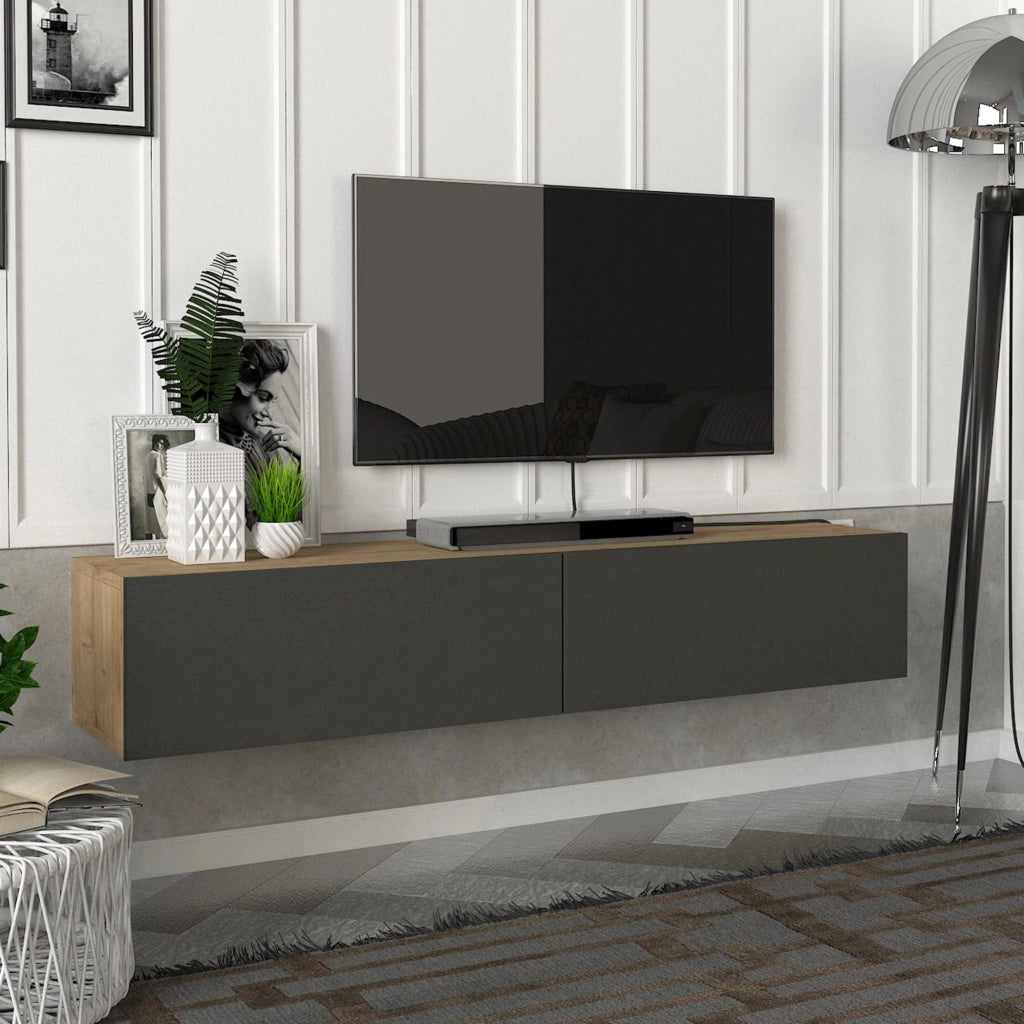 Mobile TV da Parete Toivakka con 2 Ante a Ribalta 135 x 31 x 25 cm Effetto Rovere / Antracite [en.casa]