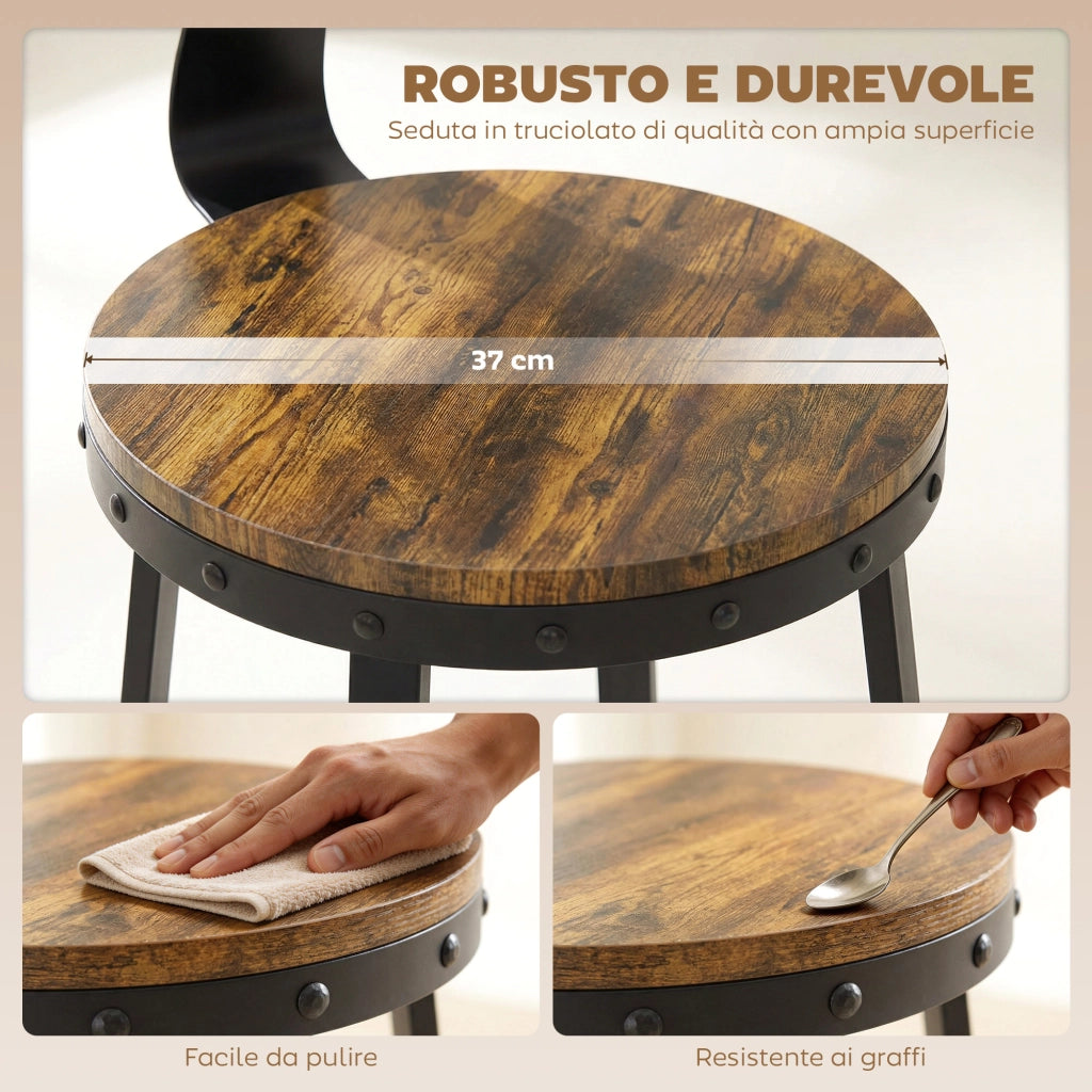 Set 2 Sgabelli da Bar Stile Rustico 37x47x96 cm con Poggiapiedi in Legno e Metallo Marrone