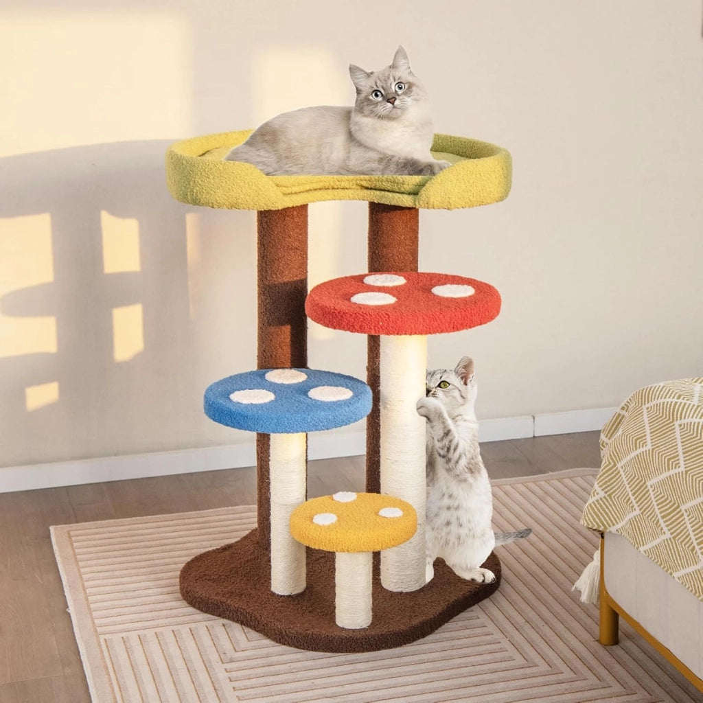 Albero per Gatti 3 in 1, Torre per Gatti a 5 Livelli con 3 Pali in Sisal, Tappetino e Piattaforme Rimovibili, Centro Attività per Gattini a Fungo
