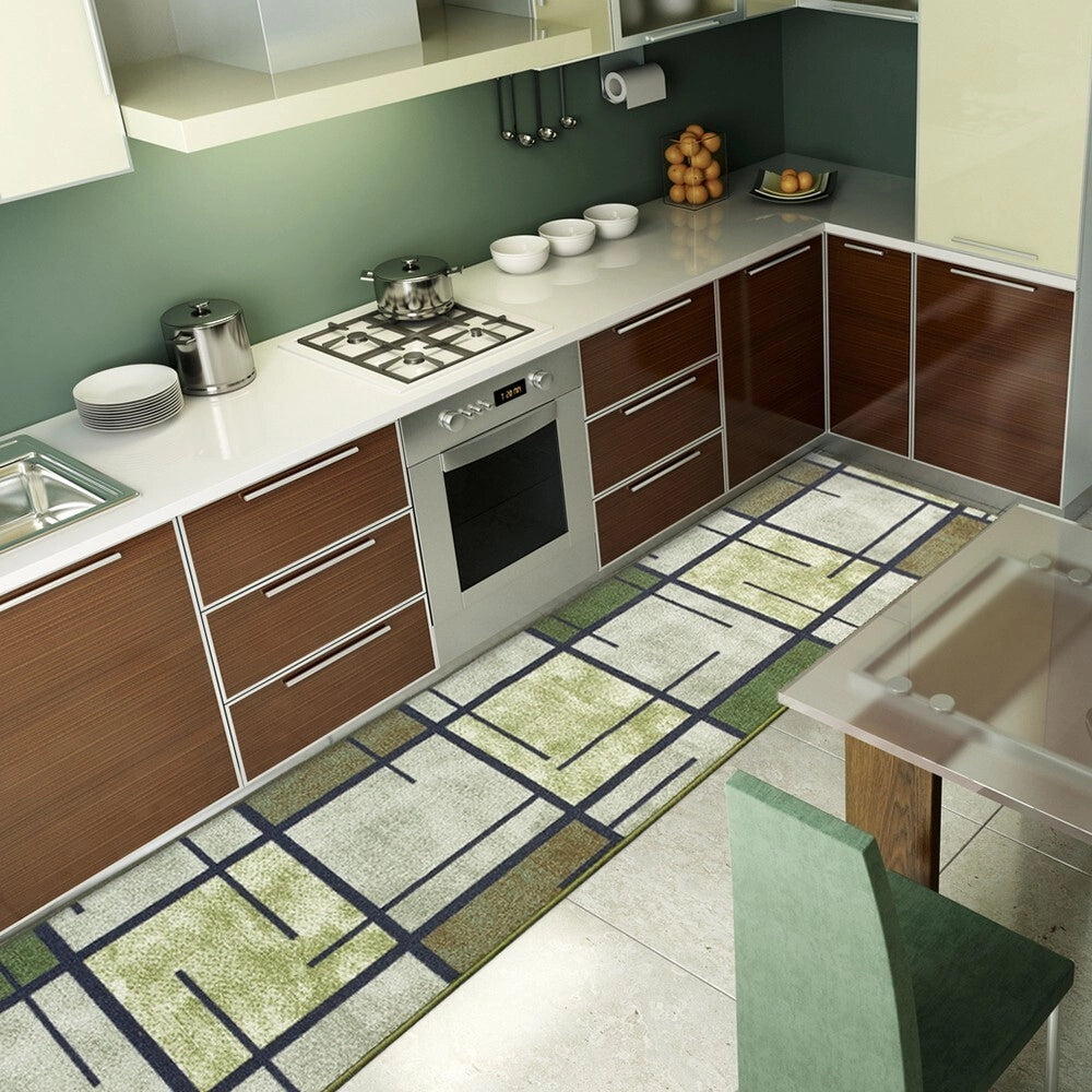 Tappeto Cucina Bordato Antiscivolo 50x115 Cm Moderno Passatoia Colori Accesi Marmorizzato Verde