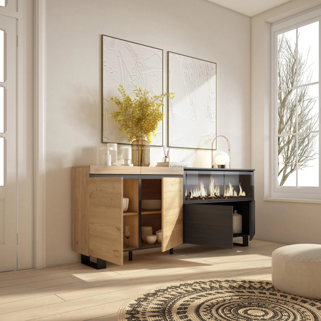 Credenza, Mobile, 208x35x87cm, 4 Porte, Camino elettrico XXL, Design industriale, colore Rovere e nero RF3224