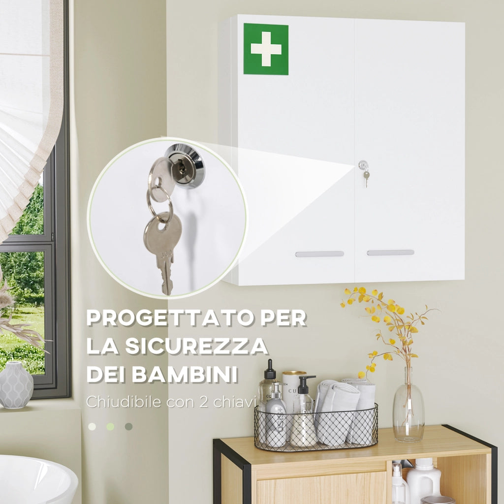 Armadietto Medicinali a 6 Ripiani con Serratura e 2 Chiavi, in Acciaio, 55x18x60 cm, Bianco