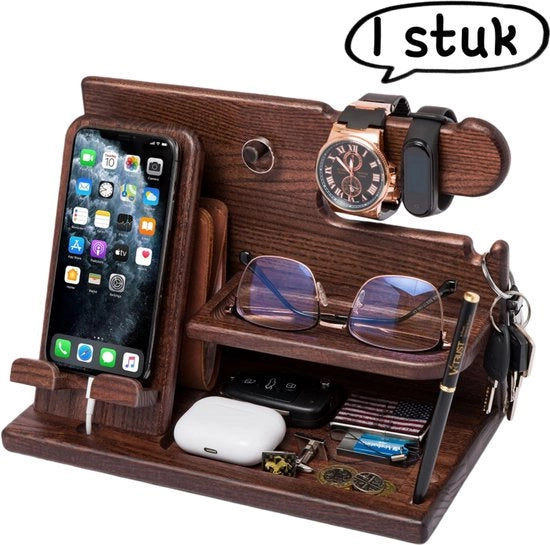 Houder per telefono in legno - Organizzatore multifunzionale per ufficio - Spazio di archiviazione per chiavi e altri oggetti con porta di ricarica - Marrone